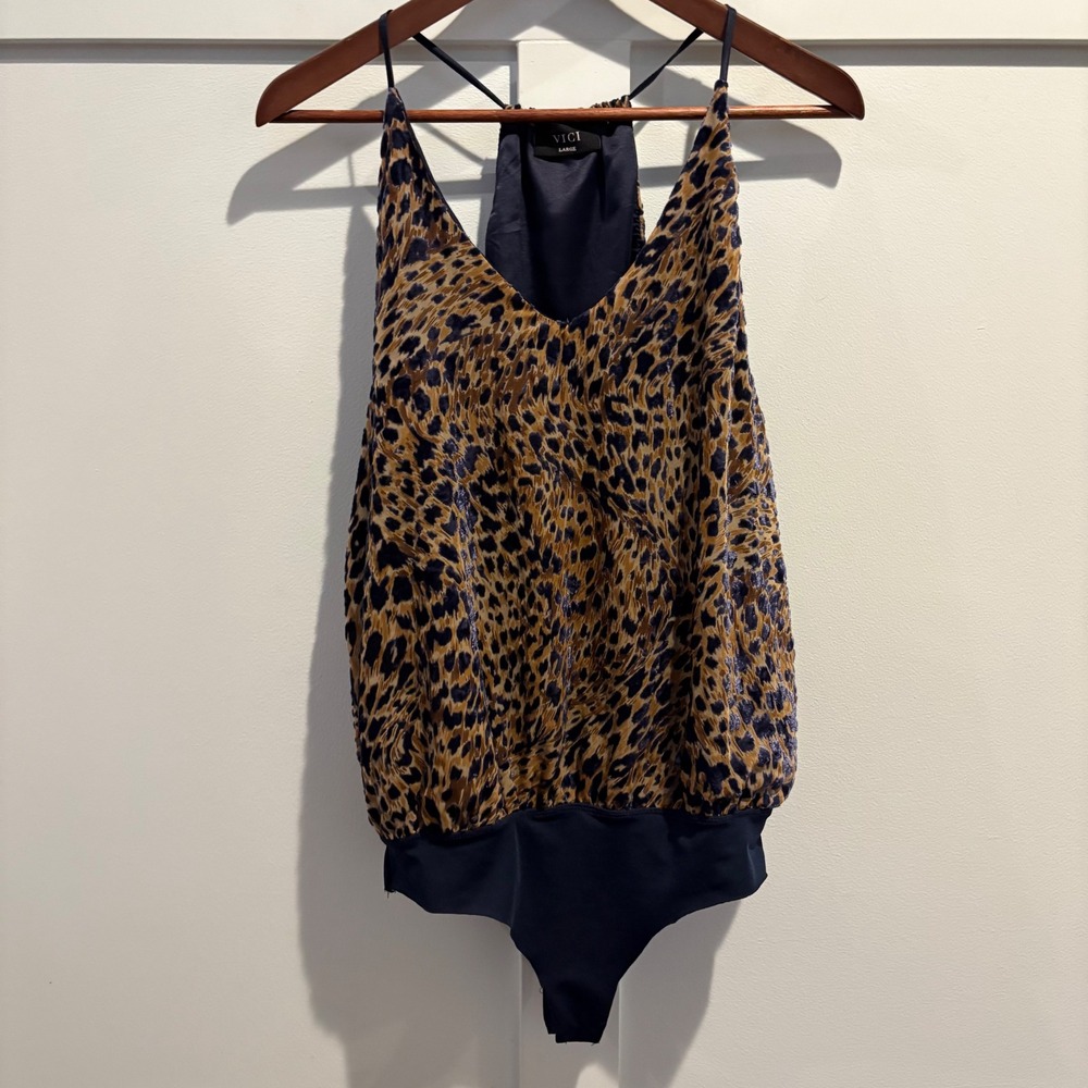 VICI Leopard Bodysuit Women's Large Brown Navy‎ Burnout Velvet Shimmer